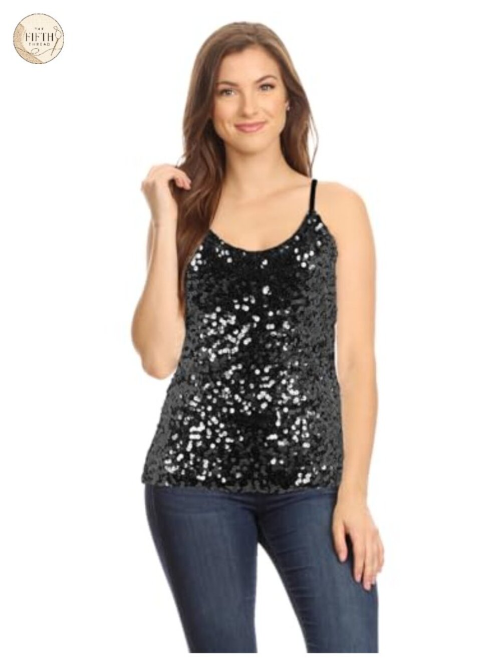 Sequin Scoop Neck Spaghetti Strap Camisole Tank Top Shimmer Party